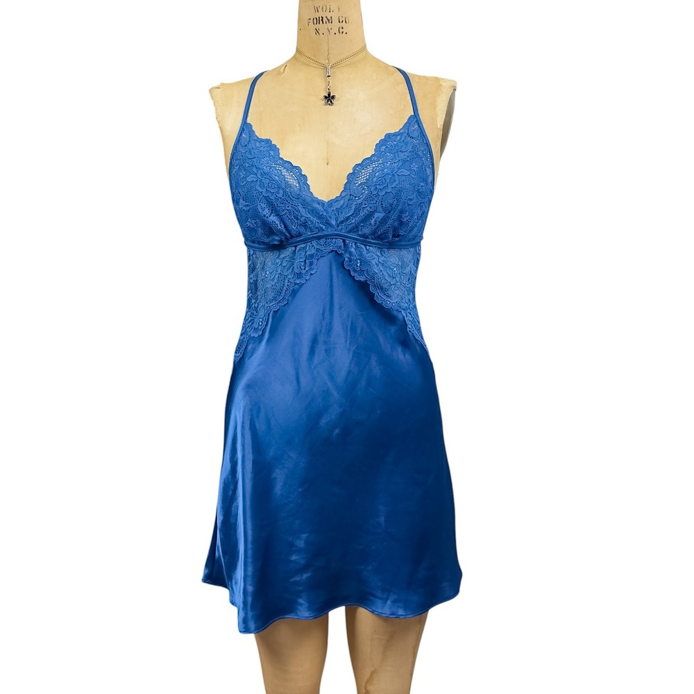Coquette Blue Lace Chemise Nightie Strappy Back Satin Romantic Dainty One Size